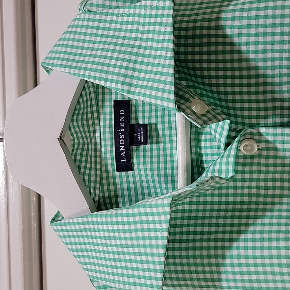 Women Lands End Supima Cotton Shirt Blouse Sz 12 Green Check French Cuff NEW
